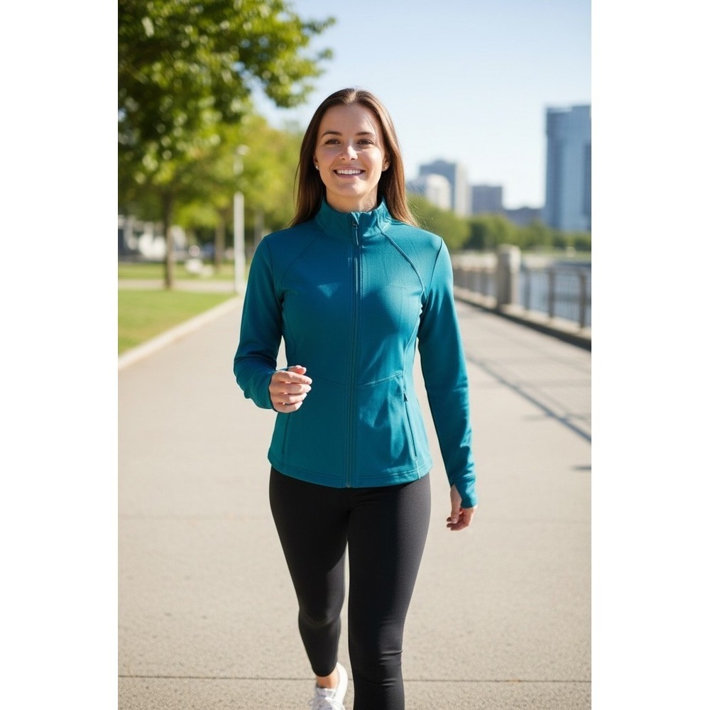Reebok Womens Full Zip Athletic Jacket Teal‎ Green Stretch Pockets Size M mock